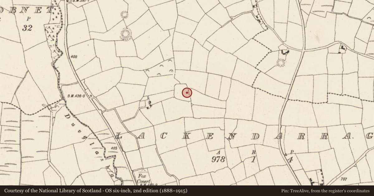 Ordnance Survey six-inch map, 2nd edition (1888–1915) covering the location of Standing stone, Lackendarragh, County Cork, with a pin at the register's coordinates