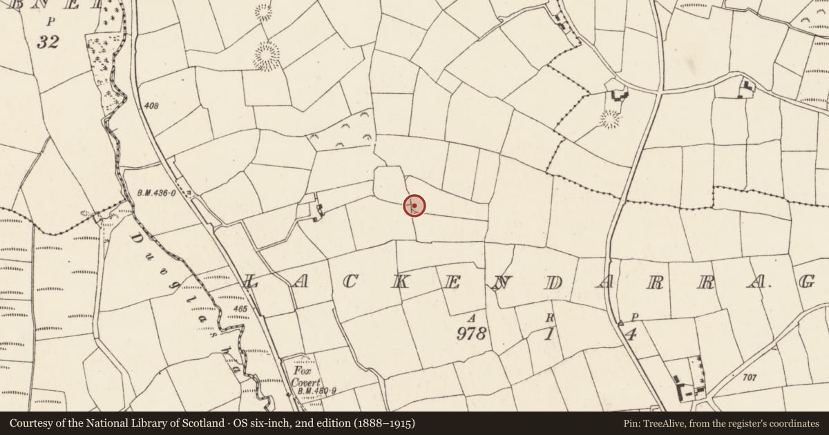 Ordnance Survey six-inch map, 2nd edition (1888–1915) covering the location of Enclosure, Lackendarragh, County Cork, with a pin at the register's coordinates