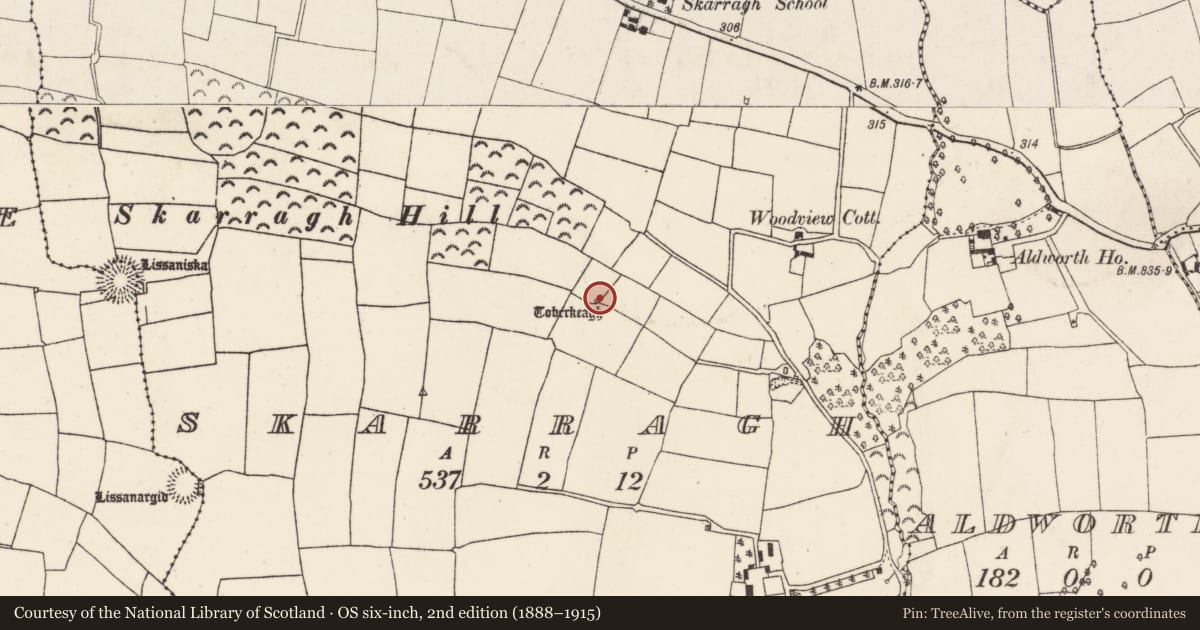 Ordnance Survey six-inch map, 2nd edition (1888–1915) covering the location of Ritual site - holy well, Skarragh, County Cork, with a pin at the register's coordinates