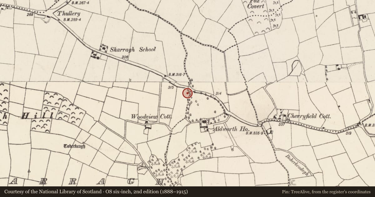 Ordnance Survey six-inch map, 2nd edition (1888–1915) covering the location of Fulacht fia, Skarragh, County Cork, with a pin at the register's coordinates