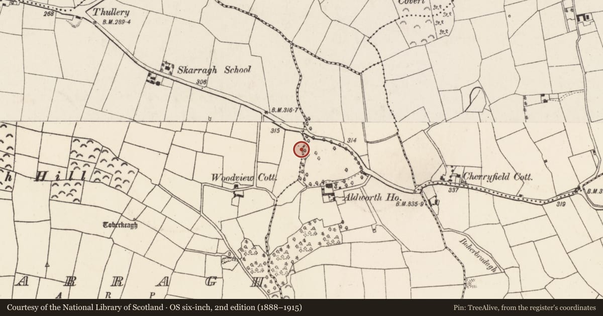 Ordnance Survey six-inch map, 2nd edition (1888–1915) covering the location of Fulacht fia, Skarragh, County Cork, with a pin at the register's coordinates