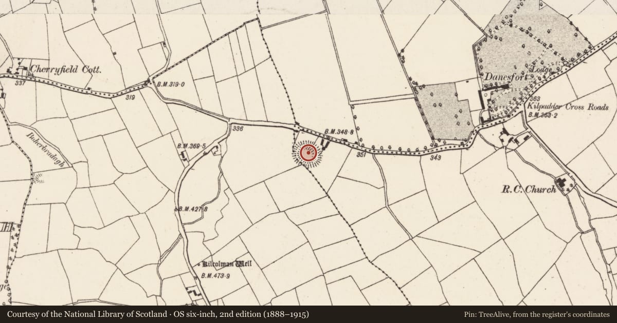 Ordnance Survey six-inch map, 2nd edition (1888–1915) covering the location of Souterrain, Kilpadder South, County Cork, with a pin at the register's coordinates