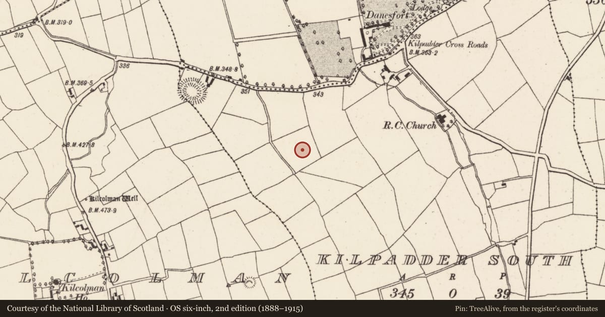 Ordnance Survey six-inch map, 2nd edition (1888–1915) covering the location of Souterrain, Kilpadder South, County Cork, with a pin at the register's coordinates