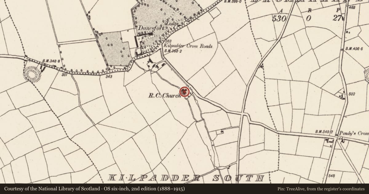 Ordnance Survey six-inch map, 2nd edition (1888–1915) covering the location of Church, Kilpadder South, County Cork, with a pin at the register's coordinates