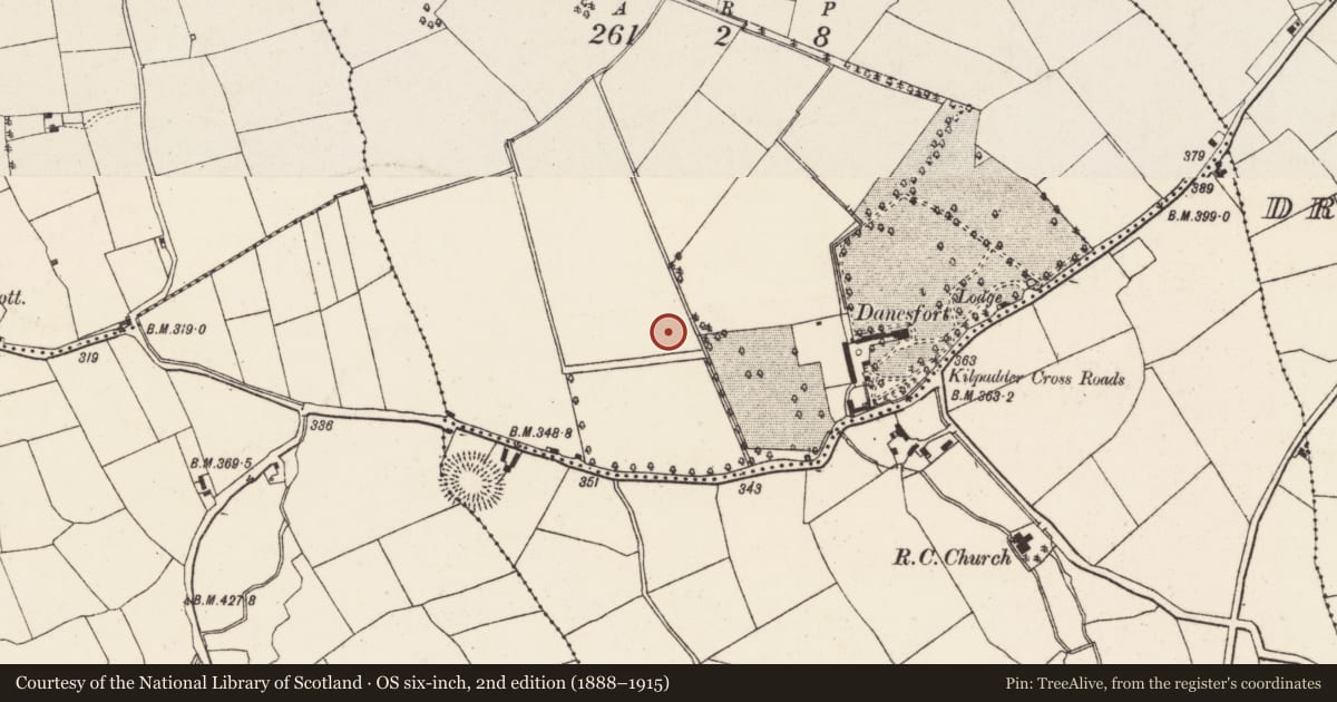 Ordnance Survey six-inch map, 2nd edition (1888–1915) covering the location of Ritual site - holy well, Kilpadder North, County Cork, with a pin at the register's coordinates
