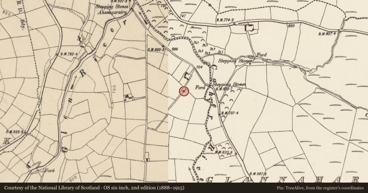 Ordnance Survey six-inch map, 2nd edition (1888–1915) covering the location of Kiln - lime, Glenaknockane, County Cork, with a pin at the register's coordinates