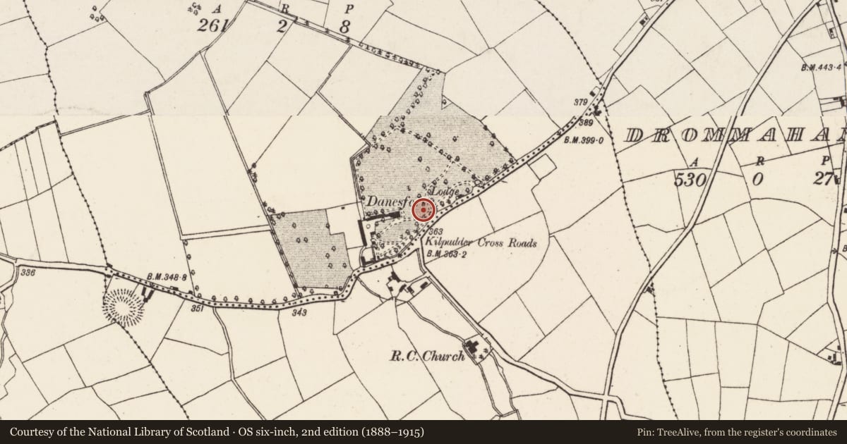 Ordnance Survey six-inch map, 2nd edition (1888–1915) covering the location of Ringfort - rath, Kilpadder North, County Cork, with a pin at the register's coordinates