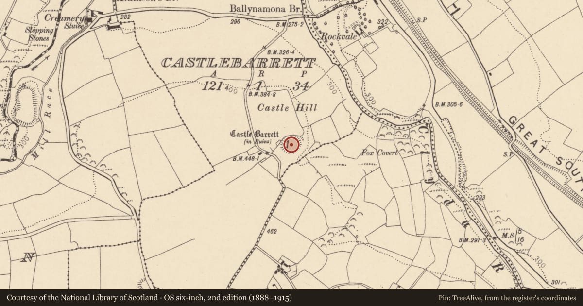Ordnance Survey six-inch map, 2nd edition (1888–1915) covering the location of Earthwork, Castlebarrett, County Cork, with a pin at the register's coordinates