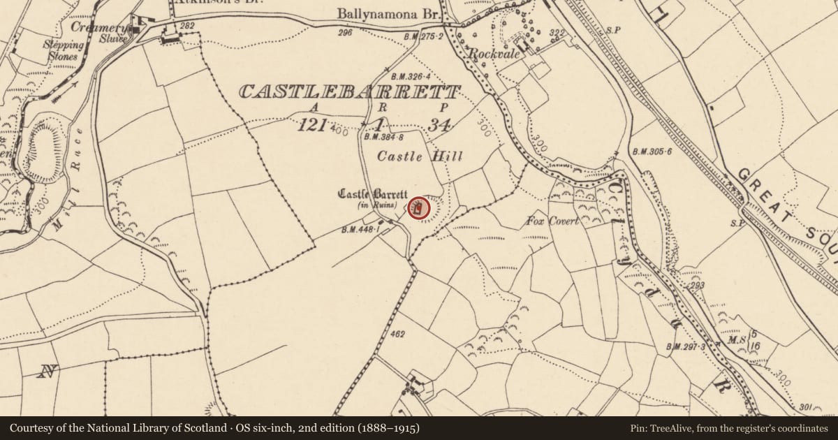 Ordnance Survey six-inch map, 2nd edition (1888–1915) covering the location of Castle - tower house, Castlebarrett, County Cork, with a pin at the register's coordinates