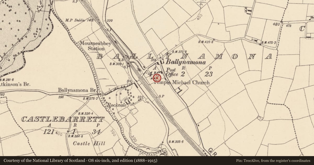 Ordnance Survey six-inch map, 2nd edition (1888–1915) covering the location of Graveyard, Ballynamona, County Cork, with a pin at the register's coordinates