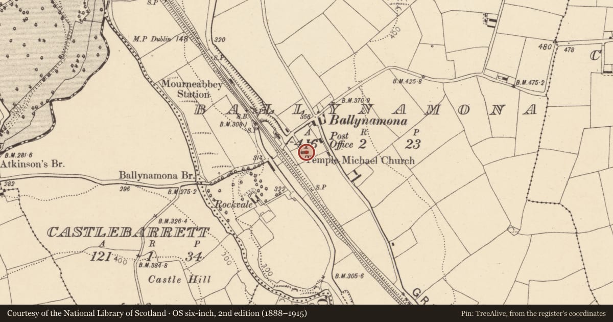 Ordnance Survey six-inch map, 2nd edition (1888–1915) covering the location of Church, Ballynamona, County Cork, with a pin at the register's coordinates