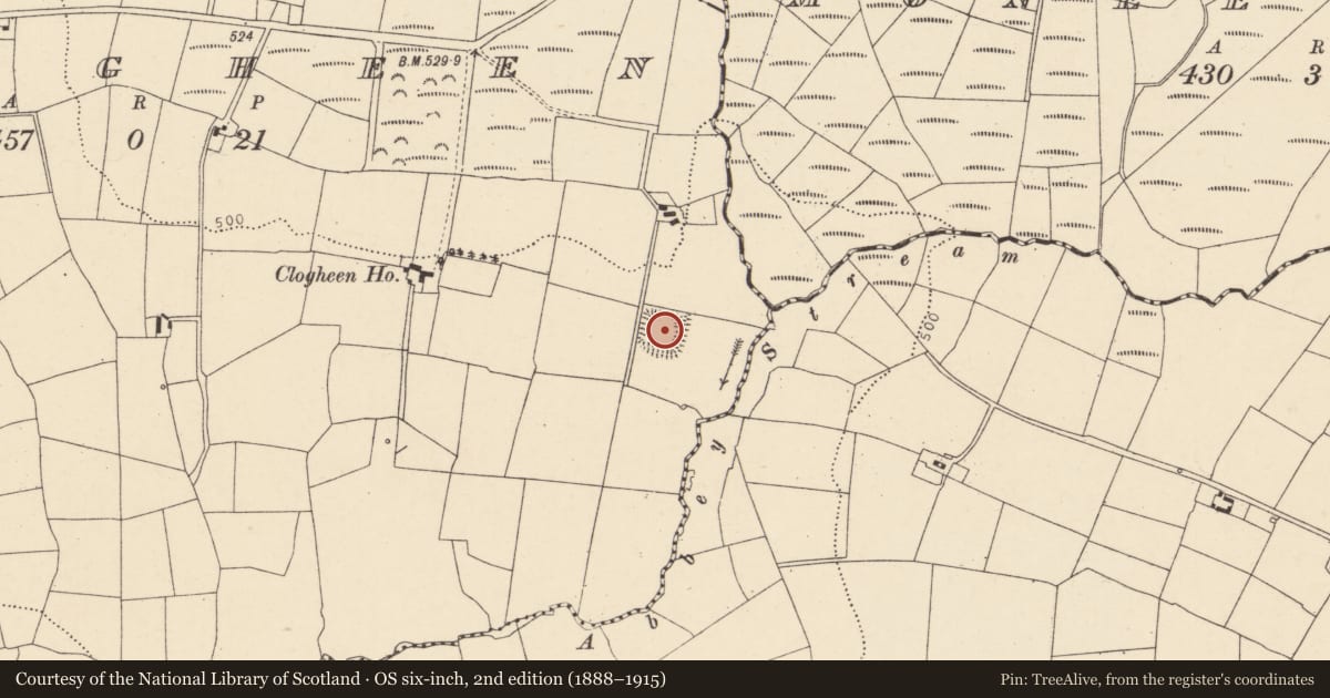Ordnance Survey six-inch map, 2nd edition (1888–1915) covering the location of Moated site, Clogheen, County Cork, with a pin at the register's coordinates