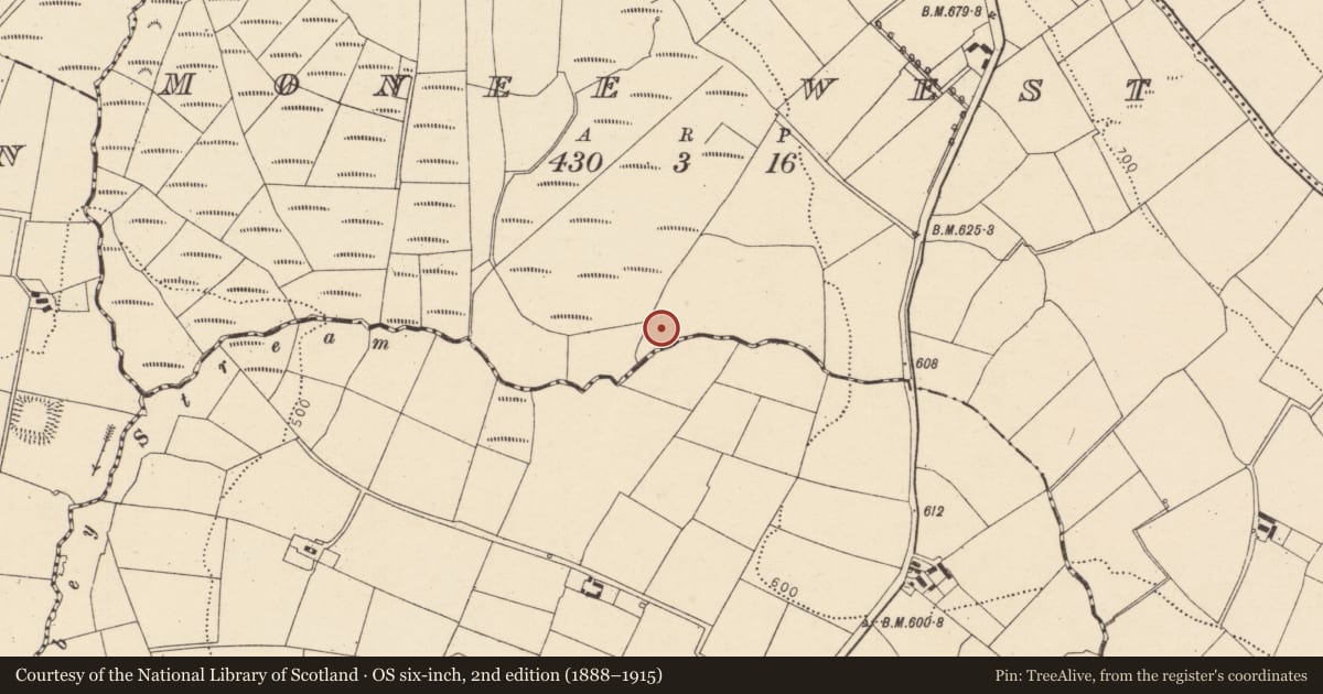 Ordnance Survey six-inch map, 2nd edition (1888–1915) covering the location of Fulacht fia, Monee West, County Cork, with a pin at the register's coordinates