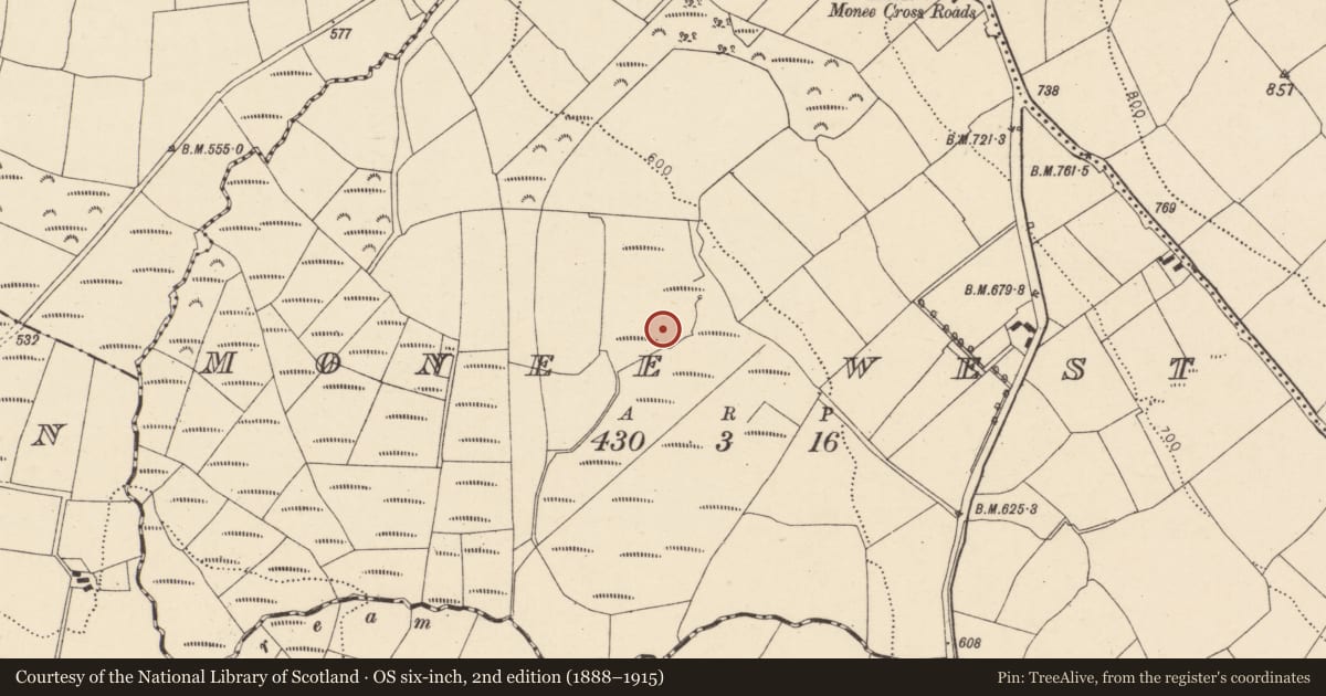 Ordnance Survey six-inch map, 2nd edition (1888–1915) covering the location of Fulacht fia, Monee West, County Cork, with a pin at the register's coordinates