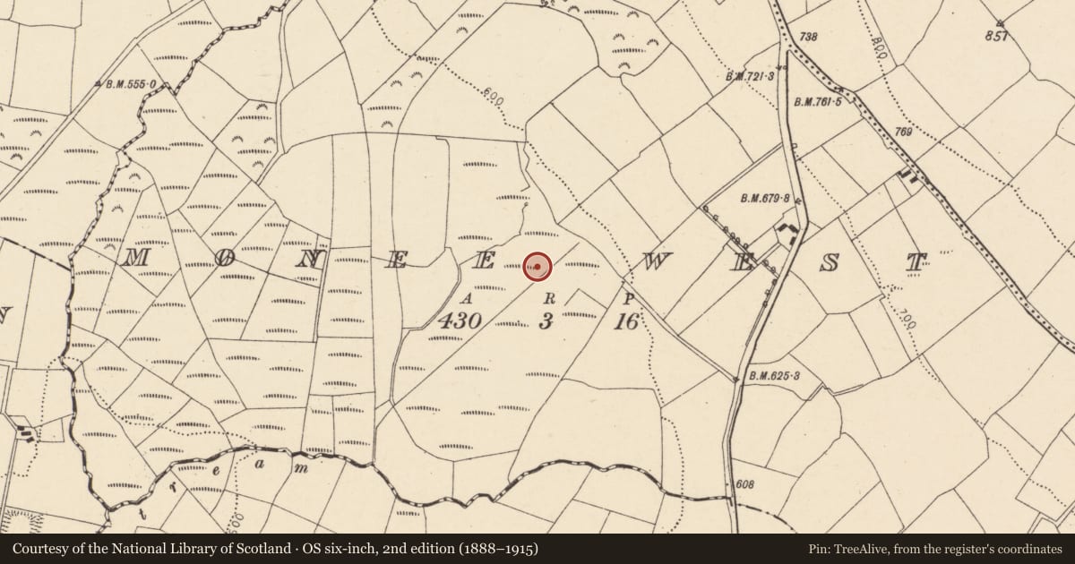 Ordnance Survey six-inch map, 2nd edition (1888–1915) covering the location of Fulacht fia, Monee West, County Cork, with a pin at the register's coordinates