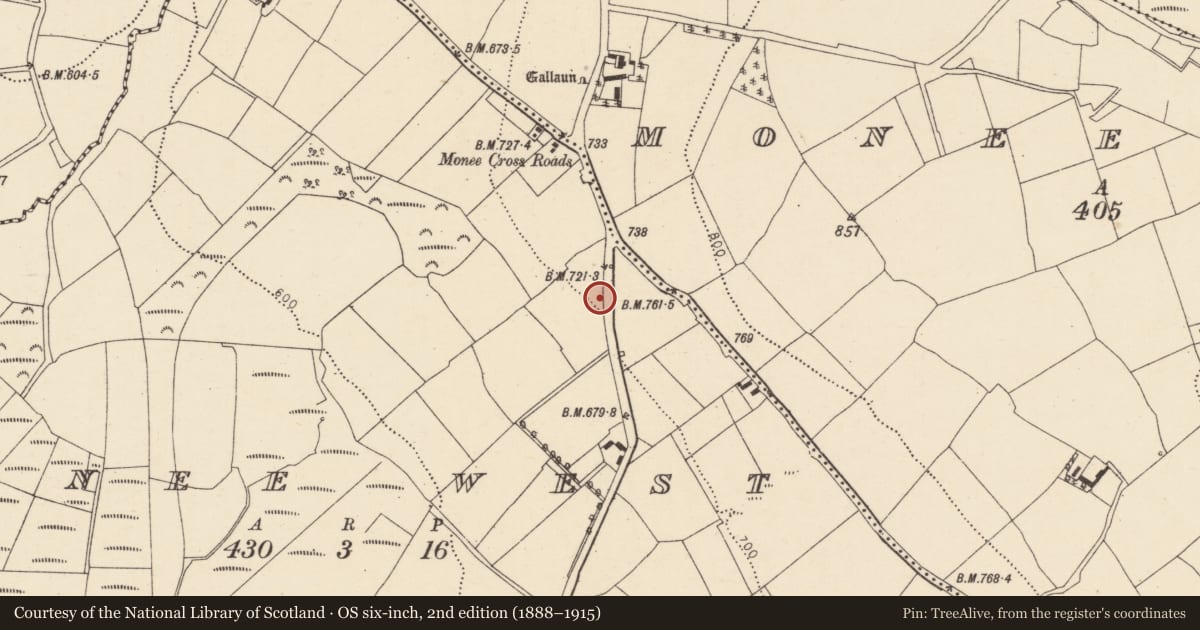 Ordnance Survey six-inch map, 2nd edition (1888–1915) covering the location of Fulacht fia, Monee West, County Cork, with a pin at the register's coordinates