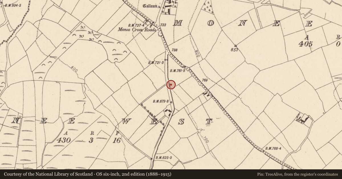 Ordnance Survey six-inch map, 2nd edition (1888–1915) covering the location of Kiln - lime, Monee West, County Cork, with a pin at the register's coordinates