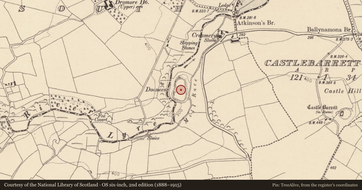 Ordnance Survey six-inch map, 2nd edition (1888–1915) covering the location of Earthwork, Clashmorgan, County Cork, with a pin at the register's coordinates