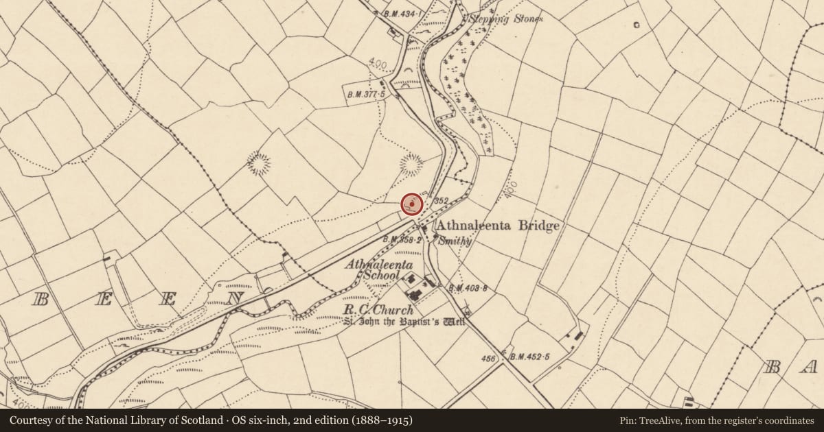 Ordnance Survey six-inch map, 2nd edition (1888–1915) covering the location of Church, Monaparson, County Cork, with a pin at the register's coordinates