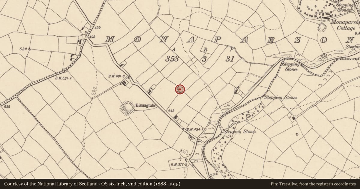 Ordnance Survey six-inch map, 2nd edition (1888–1915) covering the location of Ringfort - rath, Monaparson, County Cork, with a pin at the register's coordinates