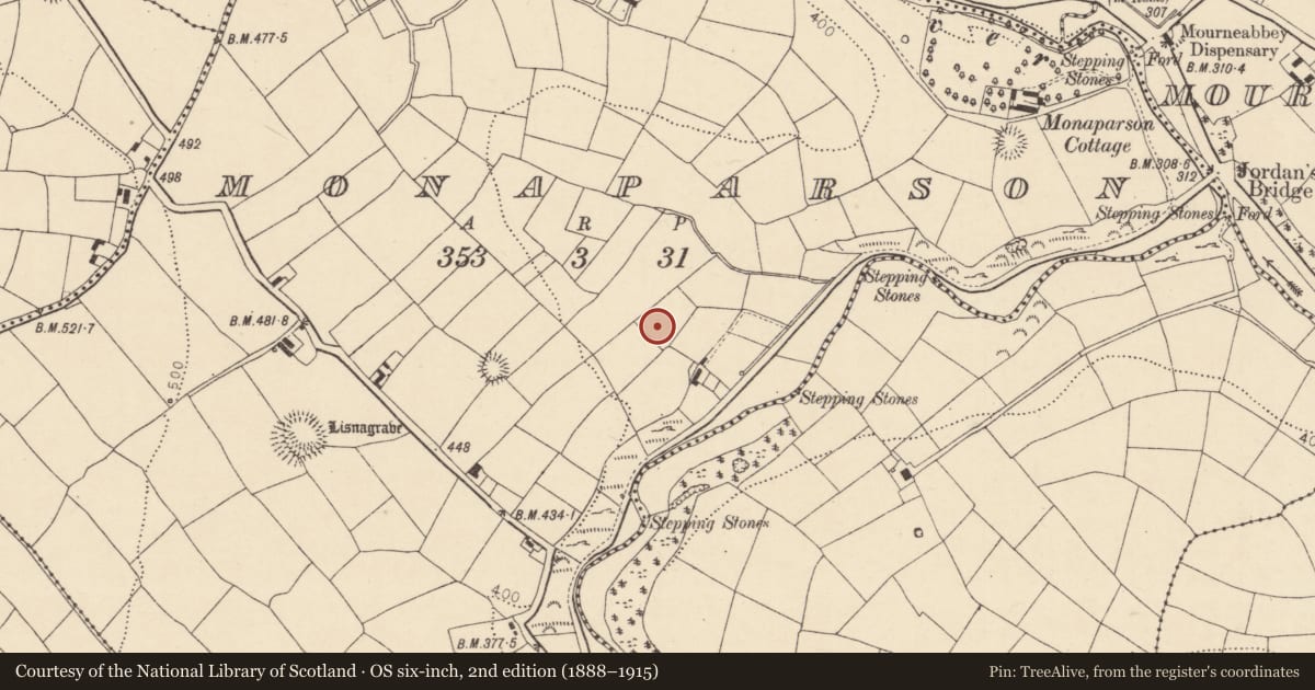 Ordnance Survey six-inch map, 2nd edition (1888–1915) covering the location of Ringfort - rath, Monaparson, County Cork, with a pin at the register's coordinates