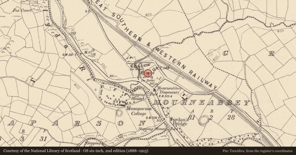 Ordnance Survey six-inch map, 2nd edition (1888–1915) covering the location of Religious house - Knights Hospitallers, Mourneabbey, County Cork, with a pin at the register's coordinates