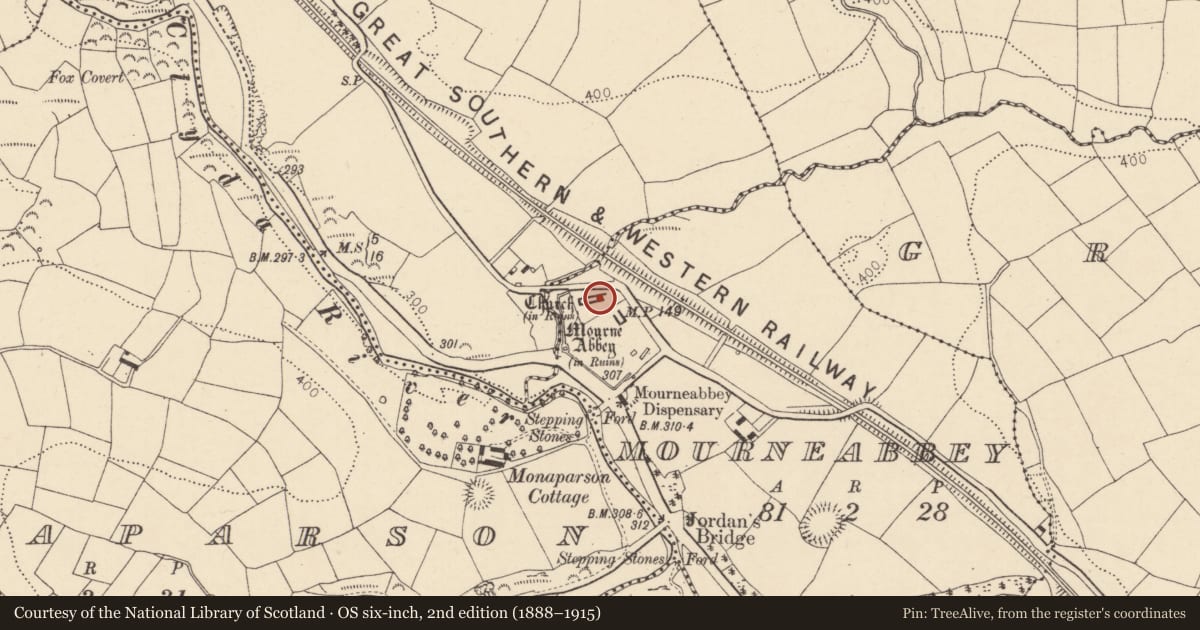 Ordnance Survey six-inch map, 2nd edition (1888–1915) covering the location of Church, Mourneabbey, County Cork, with a pin at the register's coordinates