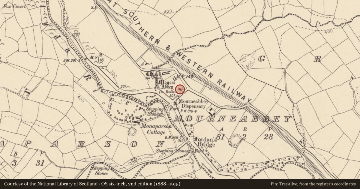 Ordnance Survey six-inch map, 2nd edition (1888–1915) covering the location of Graveyard, Mourneabbey, County Cork, with a pin at the register's coordinates