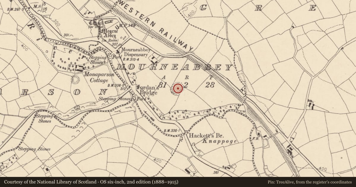 Ordnance Survey six-inch map, 2nd edition (1888–1915) covering the location of Ringfort - rath, Mourneabbey, County Cork, with a pin at the register's coordinates