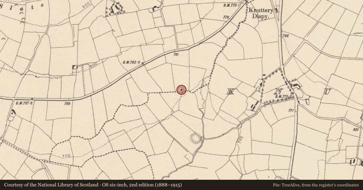 Ordnance Survey six-inch map, 2nd edition (1888–1915) covering the location of Souterrain, Knockbrack (Fermoy By., Rahan Par.), County Cork, with a pin at the register's coordinates