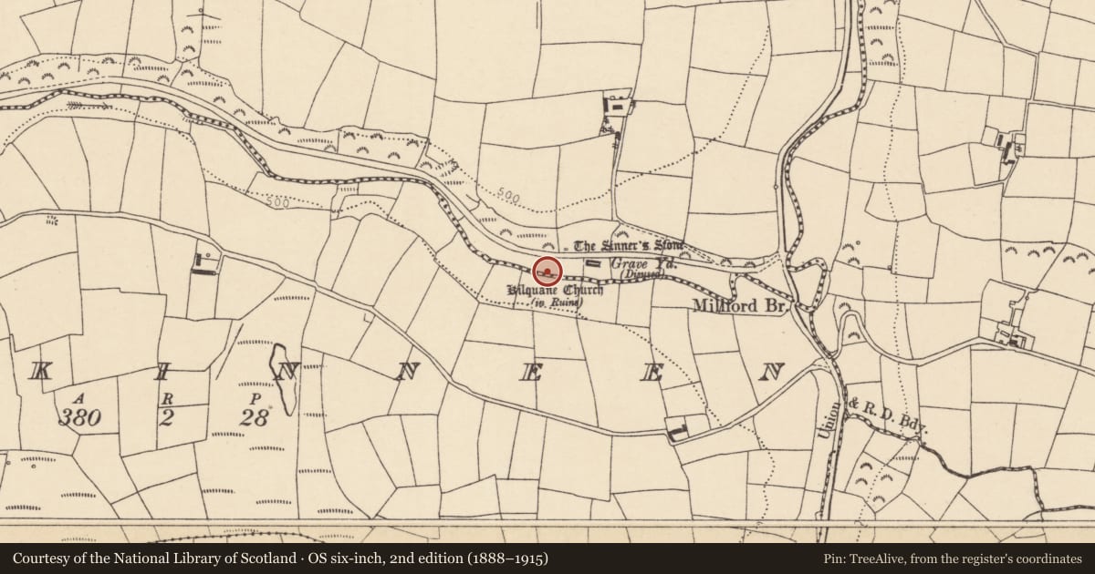 Ordnance Survey six-inch map, 2nd edition (1888–1915) covering the location of Mound, Kilquane, County Cork, with a pin at the register's coordinates