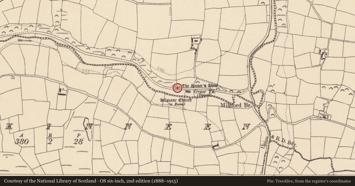 Ordnance Survey six-inch map, 2nd edition (1888–1915) covering the location of Holed stone (present location), Kilquane, County Cork, with a pin at the register's coordinates