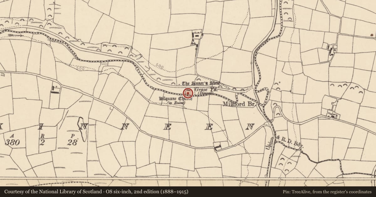 Ordnance Survey six-inch map, 2nd edition (1888–1915) covering the location of Graveyard, Kilquane, County Cork, with a pin at the register's coordinates