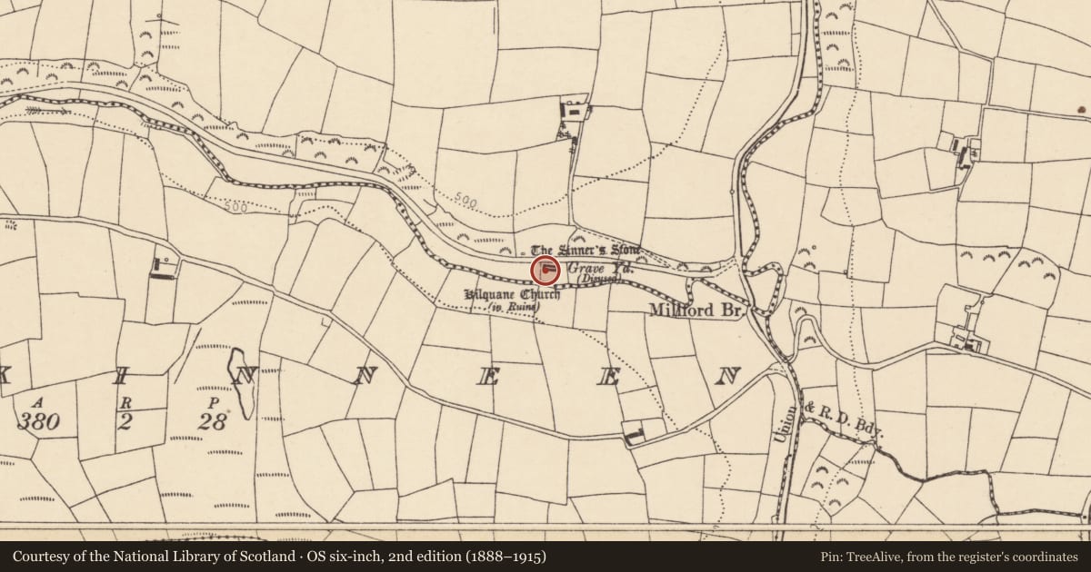 Ordnance Survey six-inch map, 2nd edition (1888–1915) covering the location of Church, Kilquane, County Cork, with a pin at the register's coordinates