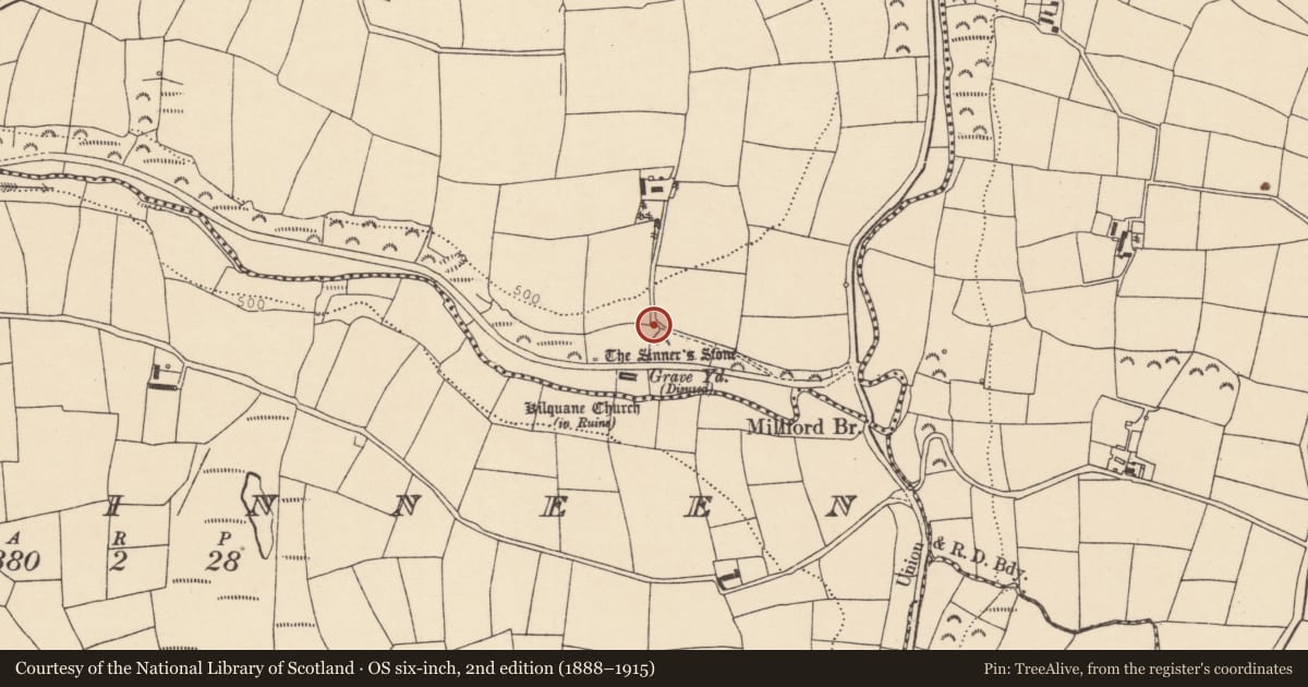 Ordnance Survey six-inch map, 2nd edition (1888–1915) covering the location of Ringfort - rath, Kilquane, County Cork, with a pin at the register's coordinates