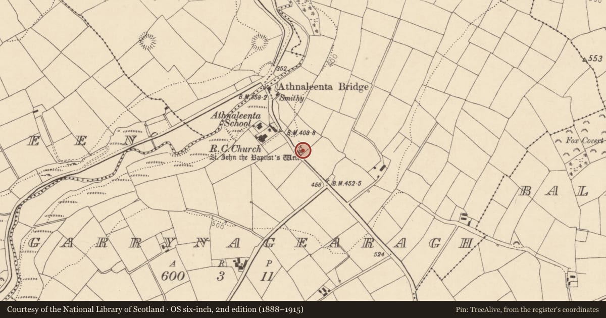 Ordnance Survey six-inch map, 2nd edition (1888–1915) covering the location of Ritual site - holy well, Garrynagearagh, County Cork, with a pin at the register's coordinates