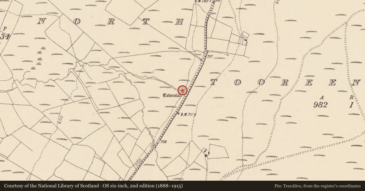 Ordnance Survey six-inch map, 2nd edition (1888–1915) covering the location of Ritual site - holy well, Tooreen North, County Cork, with a pin at the register's coordinates