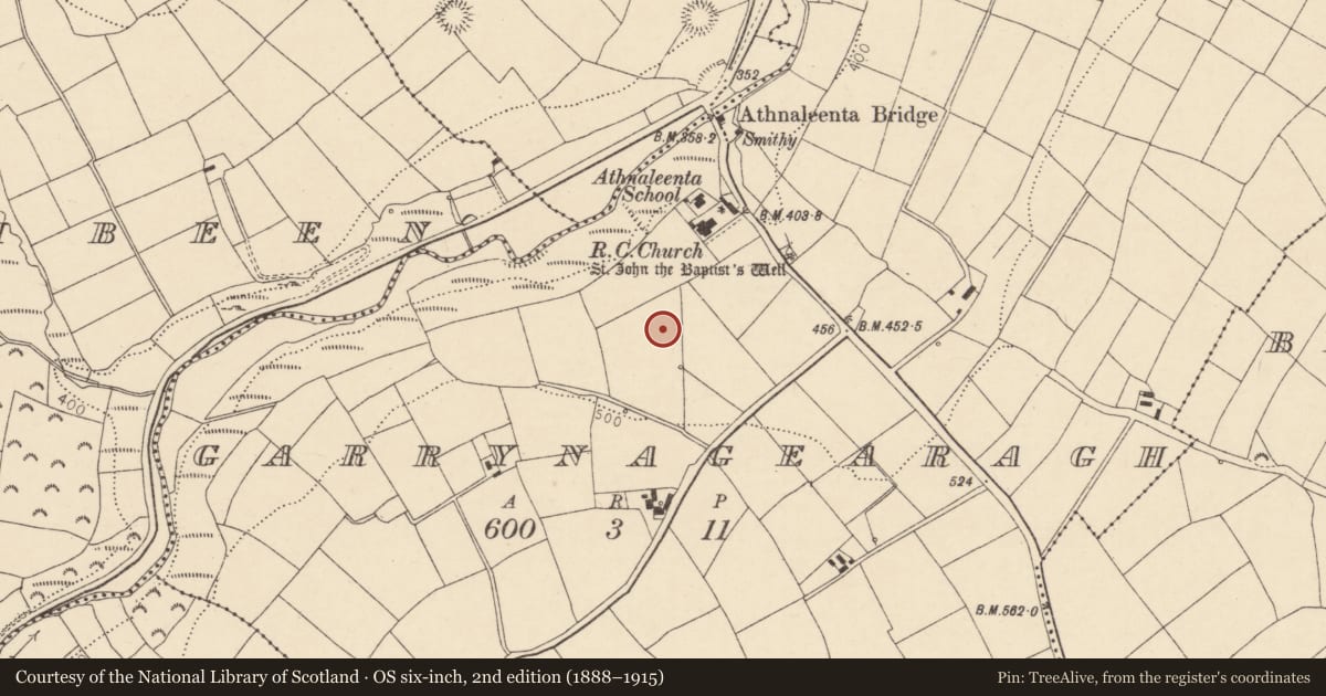 Ordnance Survey six-inch map, 2nd edition (1888–1915) covering the location of Fulacht fia, Garrynagearagh, County Cork, with a pin at the register's coordinates