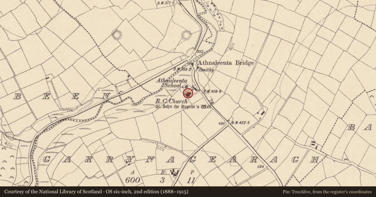 Ordnance Survey six-inch map, 2nd edition (1888–1915) covering the location of Church, Garrynagearagh, County Cork, with a pin at the register's coordinates