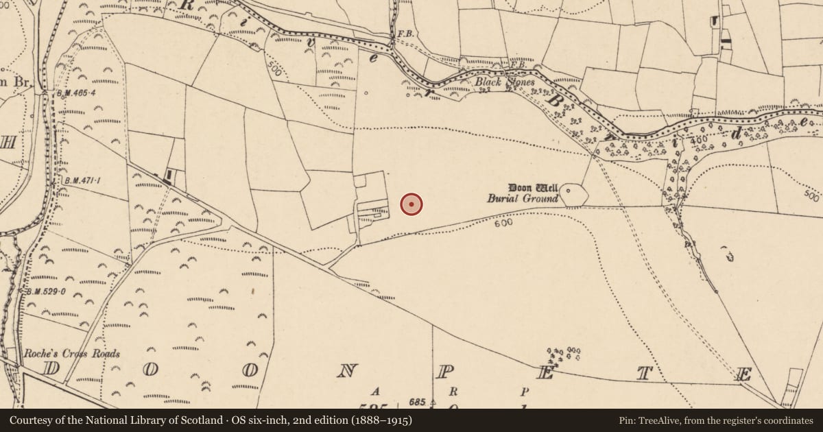 Ordnance Survey six-inch map, 2nd edition (1888–1915) covering the location of Enclosure, Doonpeter, County Cork, with a pin at the register's coordinates