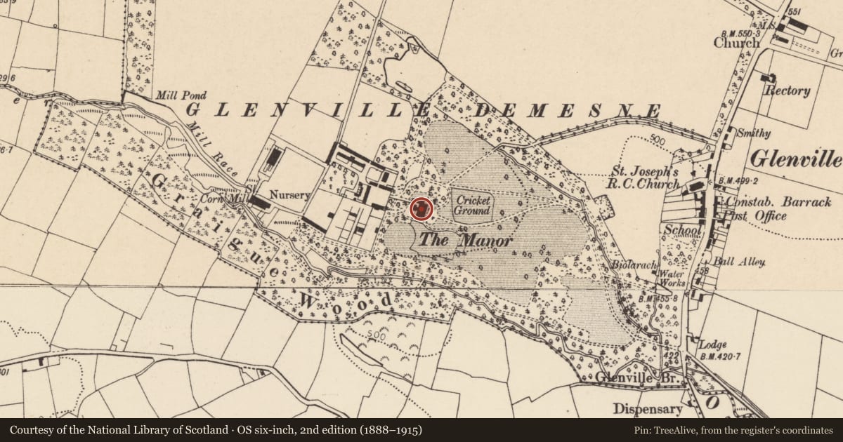 Ordnance Survey six-inch map, 2nd edition (1888–1915) covering the location of Country house, Glenville, County Cork, with a pin at the register's coordinates