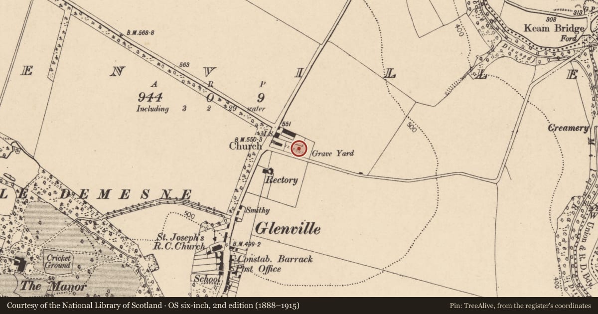 Ordnance Survey six-inch map, 2nd edition (1888–1915) covering the location of Graveyard, Glenville, County Cork, with a pin at the register's coordinates