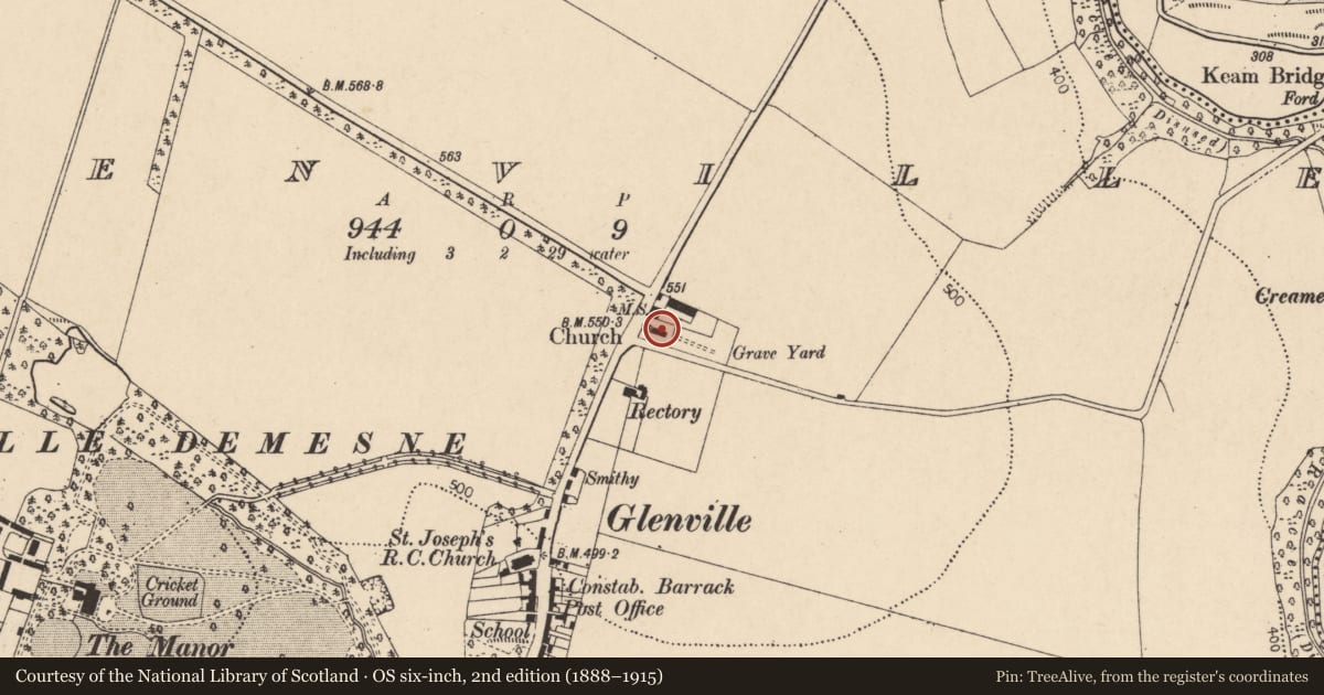 Ordnance Survey six-inch map, 2nd edition (1888–1915) covering the location of Church, Glenville, County Cork, with a pin at the register's coordinates