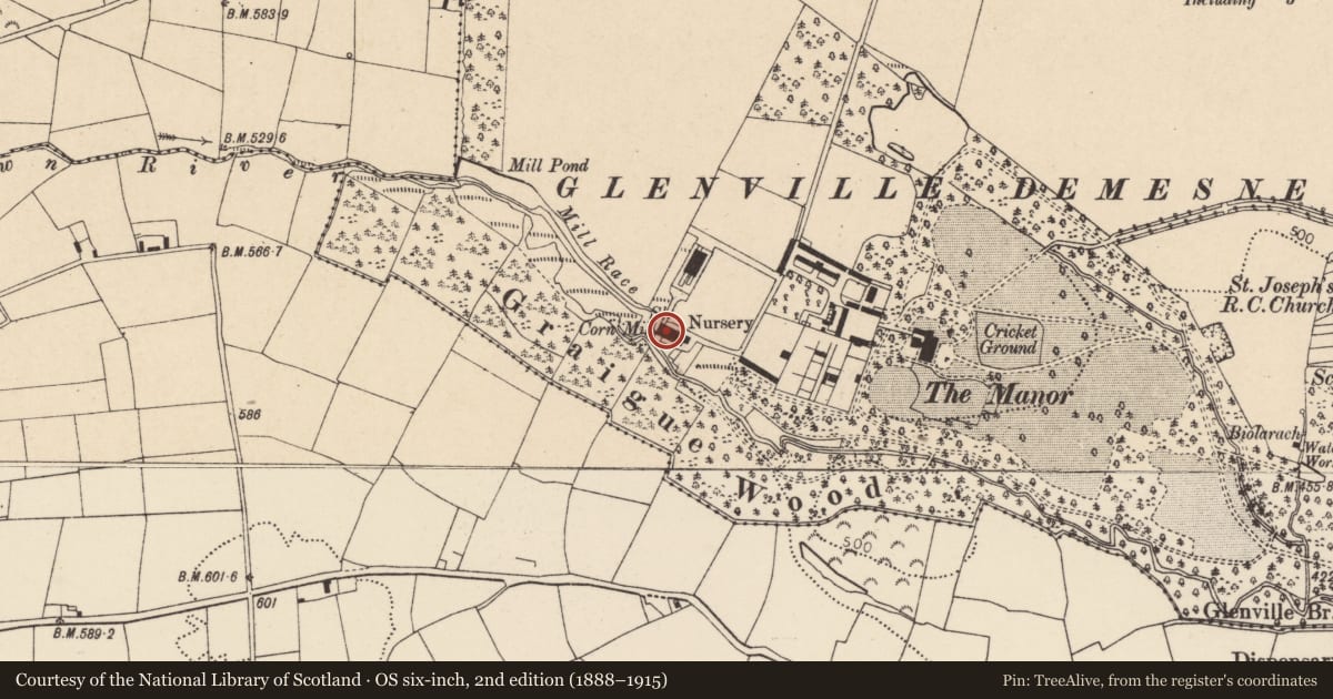 Ordnance Survey six-inch map, 2nd edition (1888–1915) covering the location of Mill - corn, Glenville, County Cork, with a pin at the register's coordinates