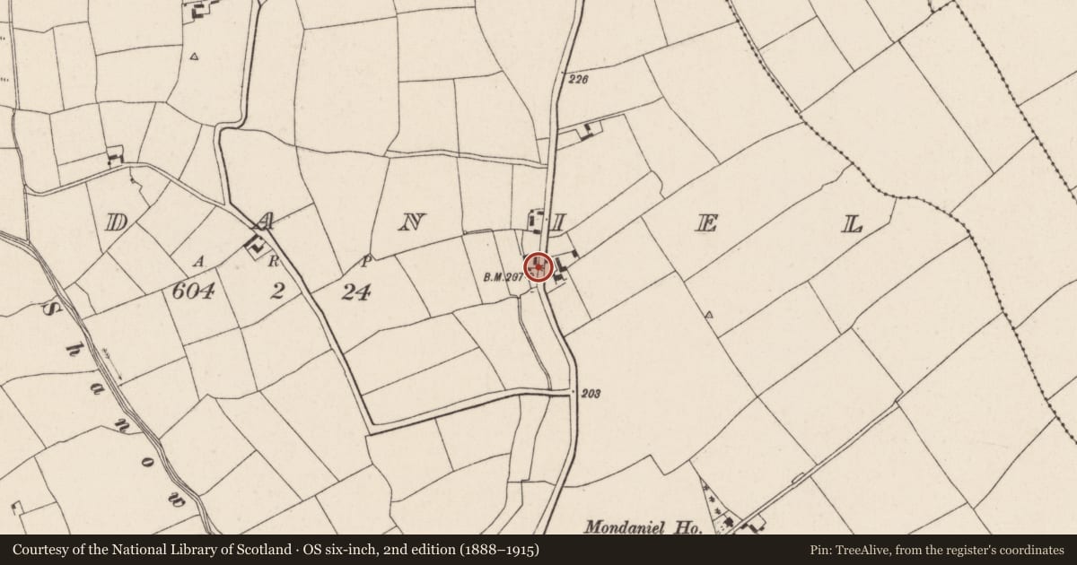 Ordnance Survey six-inch map, 2nd edition (1888–1915) covering the location of House - vernacular house, Mondaniel, County Cork, with a pin at the register's coordinates