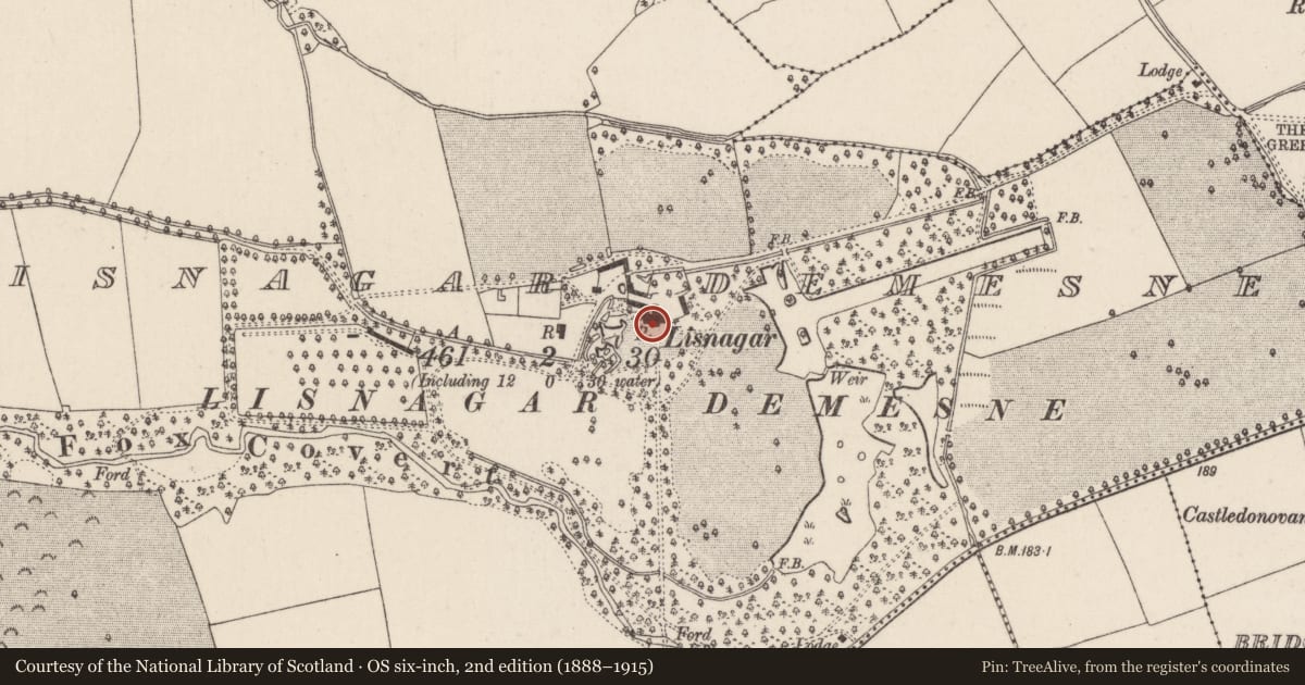 Ordnance Survey six-inch map, 2nd edition (1888–1915) covering the location of Country house, Lisnagar Demesne, County Cork, with a pin at the register's coordinates