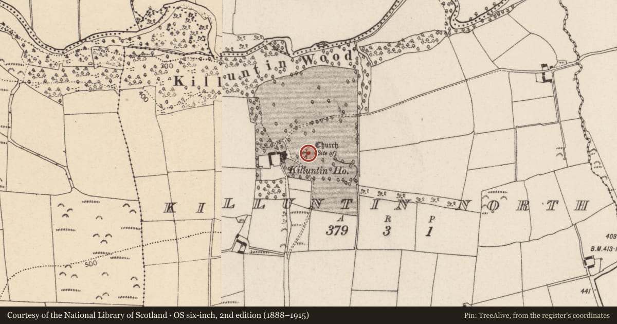 Ordnance Survey six-inch map, 2nd edition (1888–1915) covering the location of Graveyard, Killuntin North, County Cork, with a pin at the register's coordinates