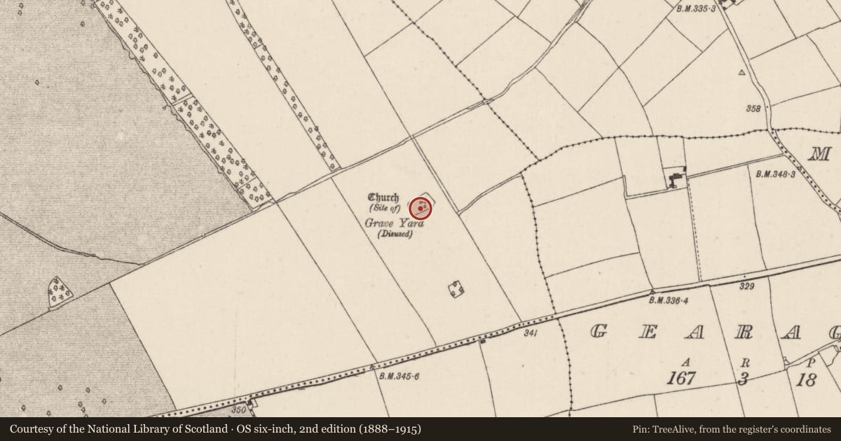 Ordnance Survey six-inch map, 2nd edition (1888–1915) covering the location of Graveyard, Kildinan, County Cork, with a pin at the register's coordinates