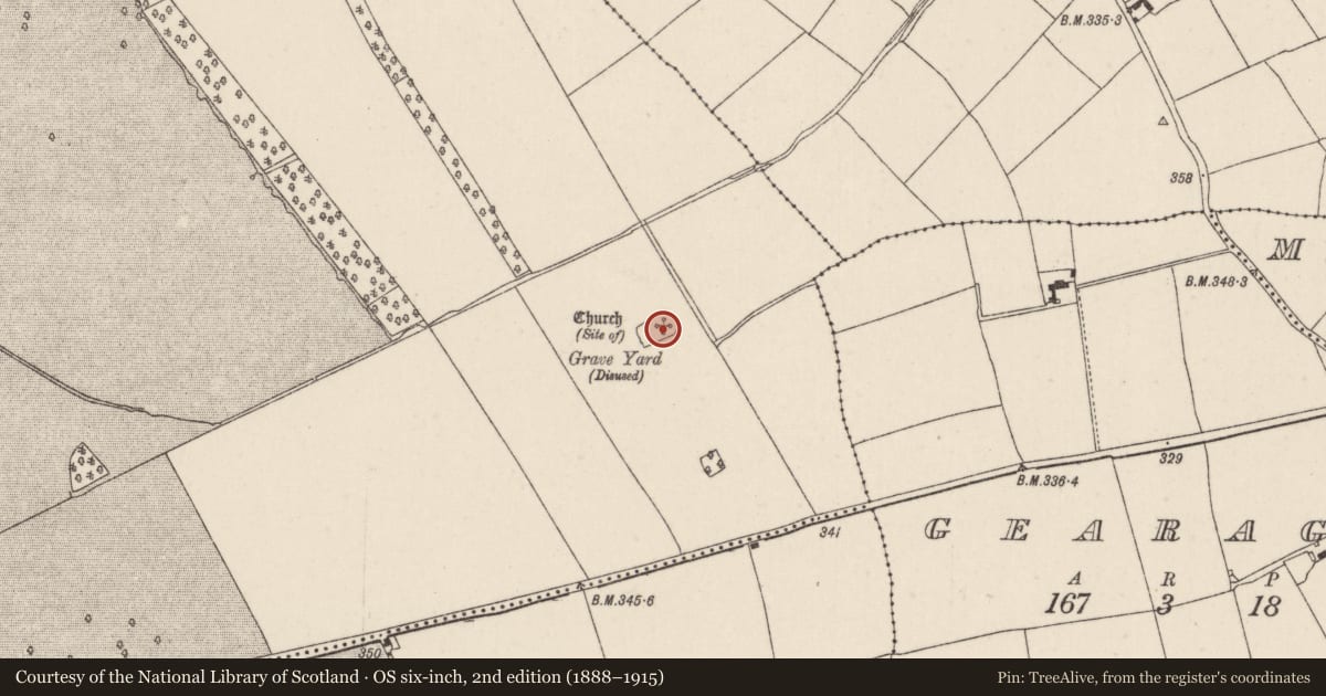 Ordnance Survey six-inch map, 2nd edition (1888–1915) covering the location of Church, Kildinan, County Cork, with a pin at the register's coordinates