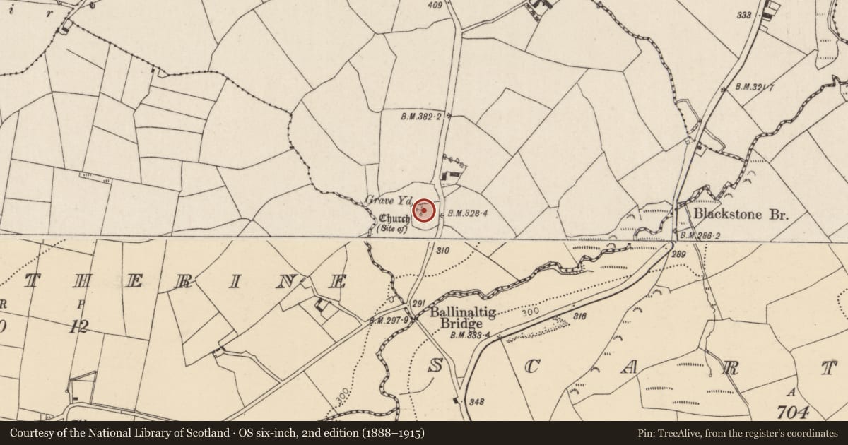 Ordnance Survey six-inch map, 2nd edition (1888–1915) covering the location of Church, Ballinaltig, County Cork, with a pin at the register's coordinates